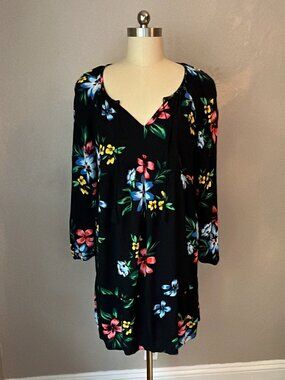 Old Navy Black Floral Boho Split Neck Peasant Style Swing Dress Size XL